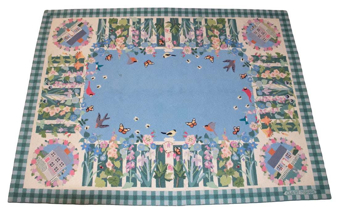 LARGE CLAIRE MURRAY 8x9 HOOKED RUG, BIRD & FLOWERS, COTTAGE CORNERS: LARGE CLAIRE MURRAY 8x9 HOOKED RUG, BIRD & FLOWERS, COTTAGE CORNERS Hand Hooked Rug from the design of the Barnstable Mass artist, signed lower right, retaining the original label showing as Design