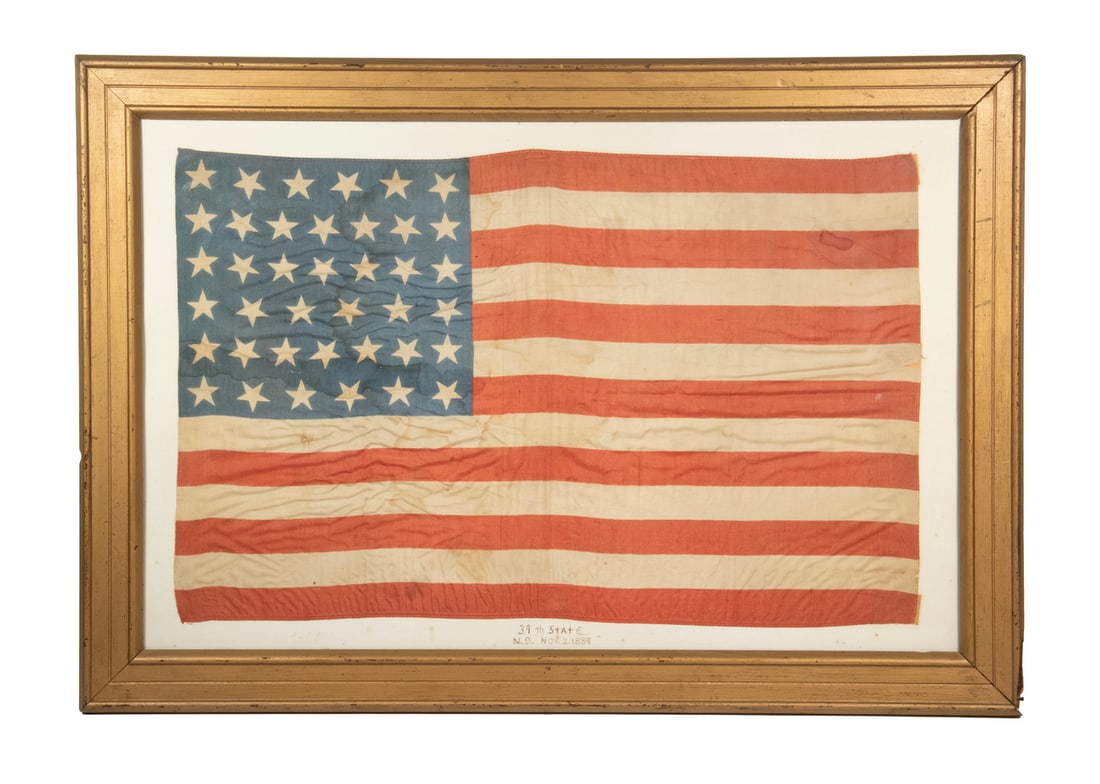 SMALL FRAMED US SILK FLAG, 39 STAR, UNOFFICIAL, DAKOTAS JOIN (1 of 2)