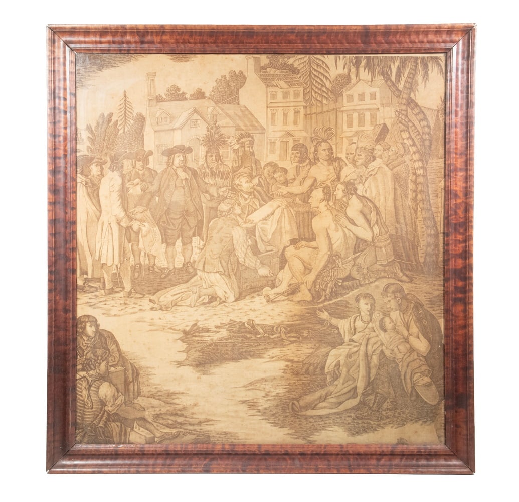 FABRIC PRINT OF WILLIAM PENN, FRAMED: FABRIC PRINT OF WILLIAM PENN, FRAMED "Penn's Treaty with the Indians", printed on fabric based on the painting by Benjamin West (1738-1820), in the original paint decorated molded cove frame, under ol