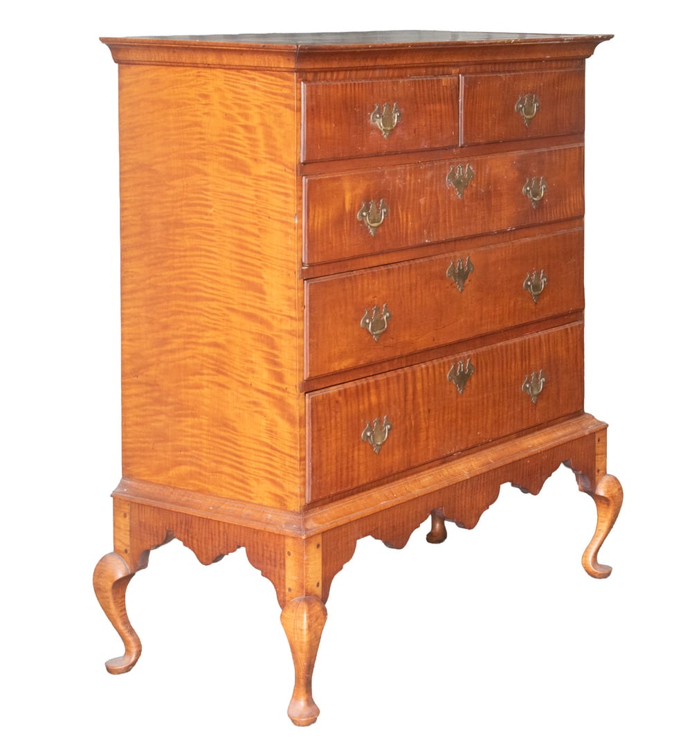 18TH C. TIGER MAPLE QUEEN ANNE CHEST ON FRAME (1 of 4)