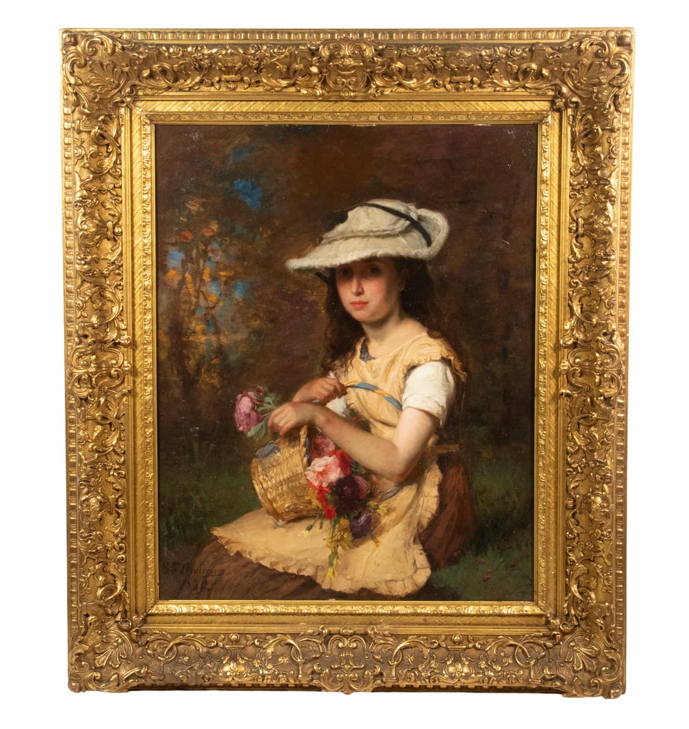 ELIPHALET FRASER ANDREWS (DC/OH, 1835-1915): ELIPHALET FRASER ANDREWS (DC/OH, 1835-1915) Portrait of a Young Girl in pleated pink summer dress, with white sun hat, seated in a garden pergola, a basket of flowers spilling from her lap, oil on cra