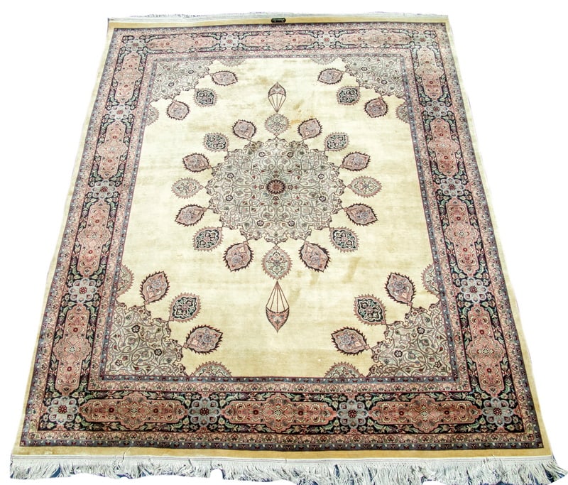 CLASSIC ARDEBIL CARPET (8' 1" X 10' 4"): CLASSIC ARDEBIL CARPET (8' 1" X 10' 4") A circular lobed medallion with various pendants in tan, sky blue, maroon, midnight blue and camel on the open ivory field, matching spandrels, midnight blue pa