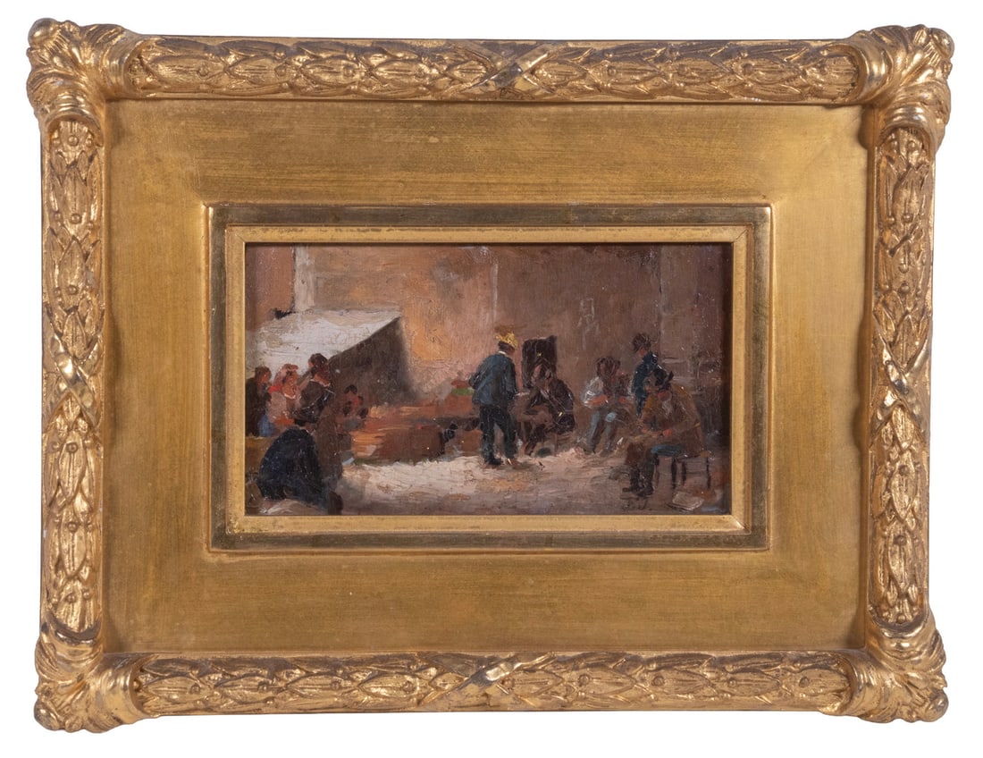 EASTMAN JOHNSON (MA/ME, 1824-1906): EASTMAN JOHNSON (MA/ME, 1824-1906) "Whittling", miniature oil on board, initialed E.J. lower right, in gilt gesso edges panel frame. OS: 9 1/2 x 12 1/2 x 1 1/2 in. (24.1 x 31.8 x 3.8 cm.), SS: 3 1/2