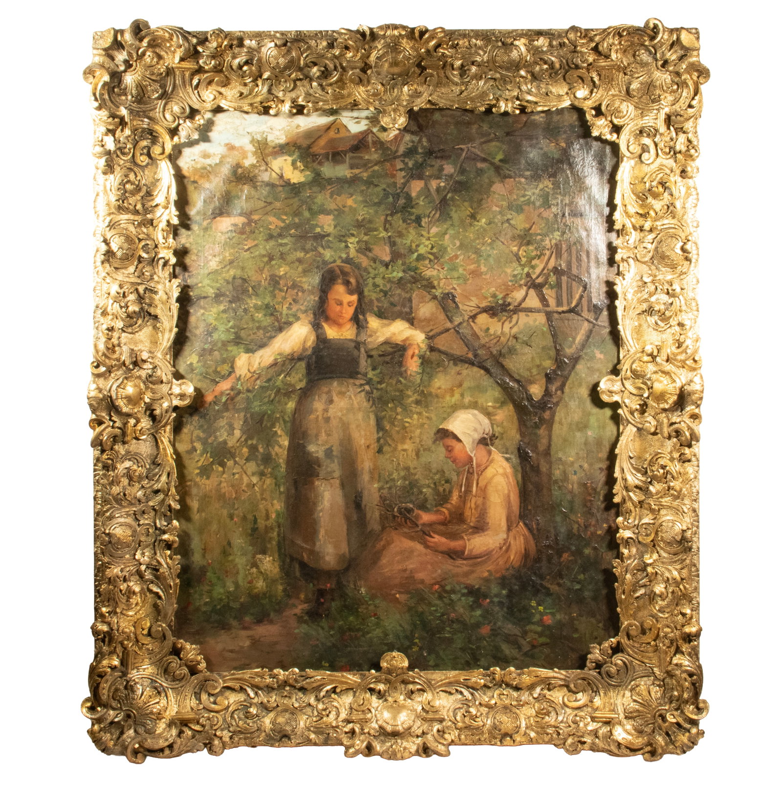 ATTRIBUTED TO THEODORE ROBINSON (FRANCE/NY, 1852-1896): ATTRIBUTED TO THEODORE ROBINSON (FRANCE/NY, 1852-1896) Two Sisters in an Orchard, oil on canvas, unsigned, circa 1880 in Giverny, in a magnificent hand carved gilt Impressionist frame. Old handwritten