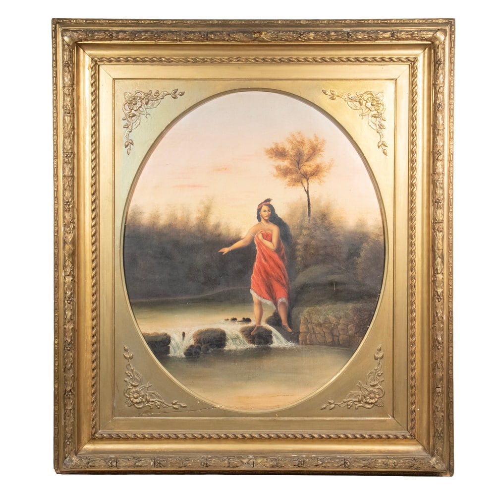 IN THE MANNER OF ALFRED JACOB MILLER (MD, 1810-1874): IN THE MANNER OF ALFRED JACOB MILLER (MD, 1810-1874) Native American Woman Crossing a Stream, oil on canvas, unsigned, housed in vintage deep cove gold gesso frame with oval spandrel. OS: 39 1/2 x 34 