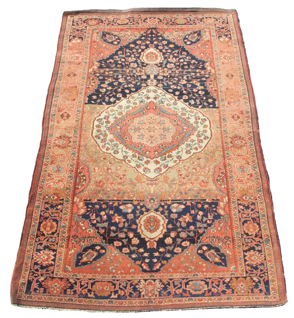 FEREGHAN SAROUK (4'3"x6'9"): FEREGHAN SAROUK (4'3"x6'9") West Persia. Concentric lobed medallion in tan, terra-cotta, and blue/green, on the abrashed midnight blue field, filled with flowering vines, midnight blue and