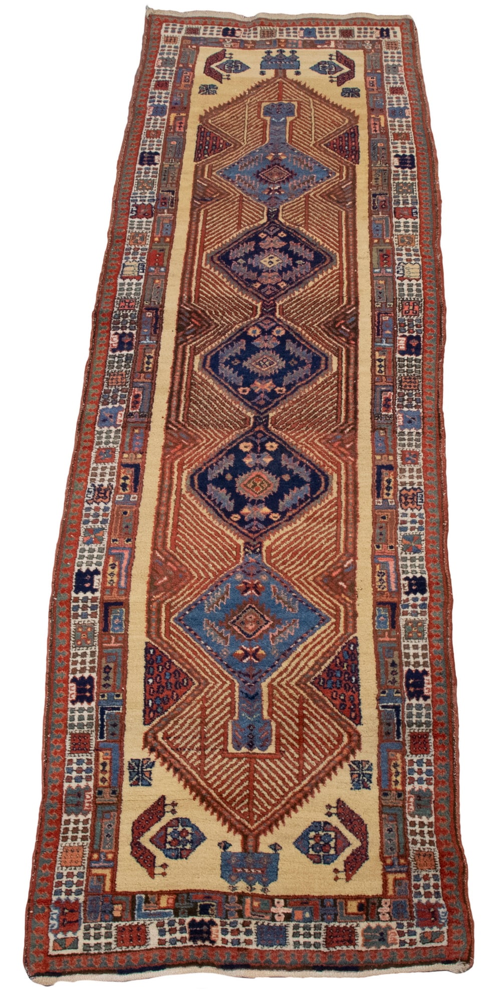SERAB RUNNER (10'4" X 3'): SERAB RUNNER (10'4" X 3') Northwest Persian made, early 20th C., column of five diamond medallions in midnight & sky blue on a tan field with an ivory square motif border. Good condition. OS: 124 x 36
