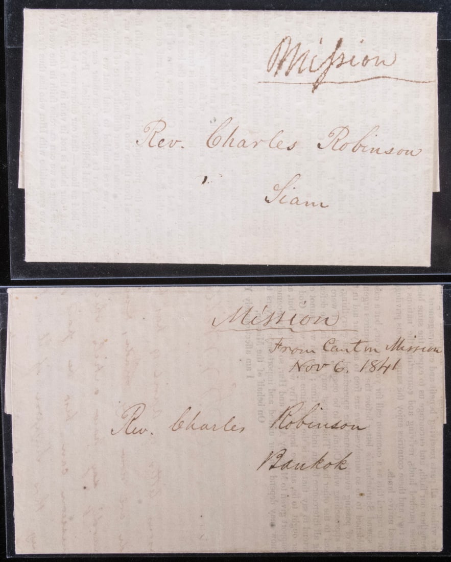 (2) X-RARE 1840 & 1841 MISSIONARY MAIL COVERS CANTON TO SIAM & CANTON TO BANGKOK: (2) X-RARE 1840 & 1841 MISSIONARY MAIL COVERS CANTON TO SIAM & CANTON TO BANGKOK Jan 1, 1840 Printed Newsletters from Macao to Rev Charles Robinson in Siam PLUS July 1841 Canton to Bangkok, (received