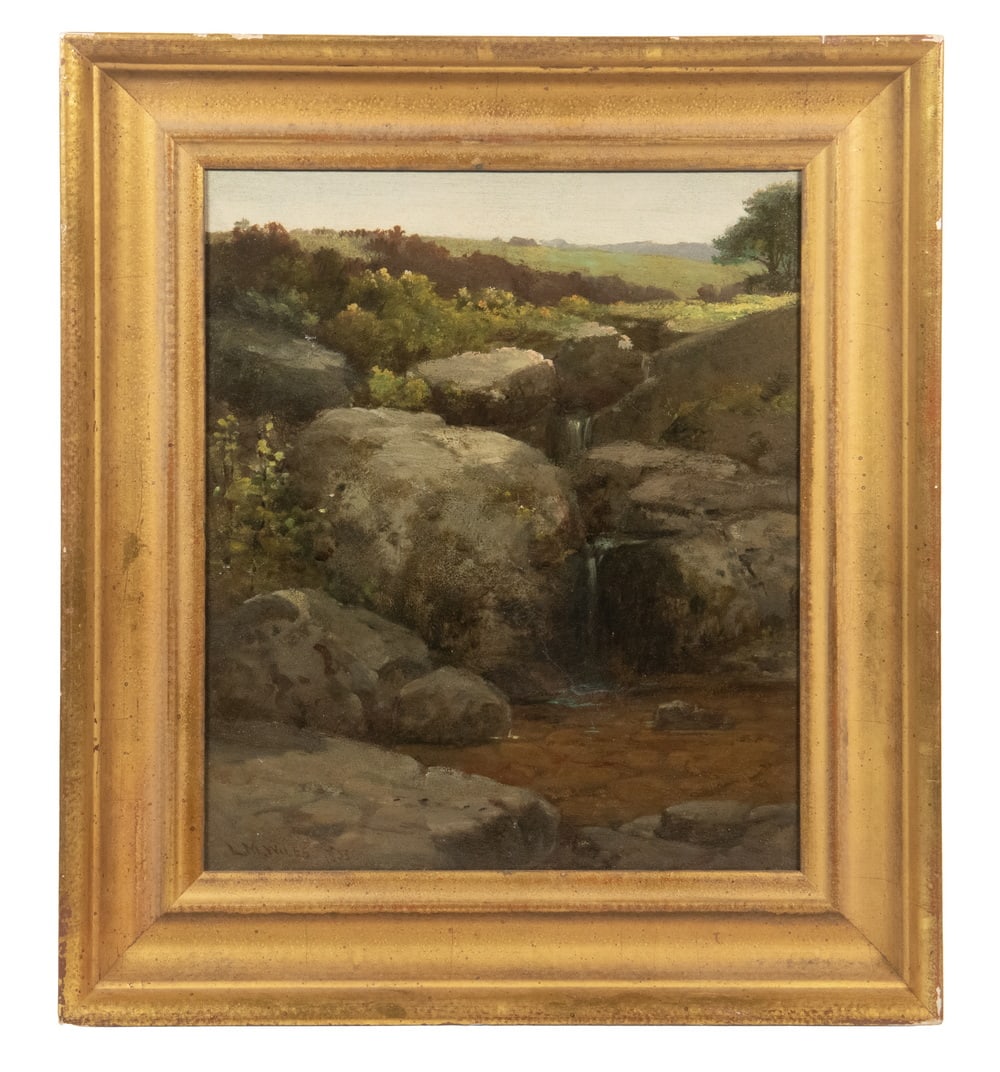 LEMUEL MAYNARD WILES (NY/CA, 1826-1905): LEMUEL MAYNARD WILES (NY/CA, 1826-1905) "Stony Brook", oil on canvas, signed lower left and dated 1853, titled on Kennedy Galleries label verso, in replica gilt deep cove frame. Cleaned and relined.