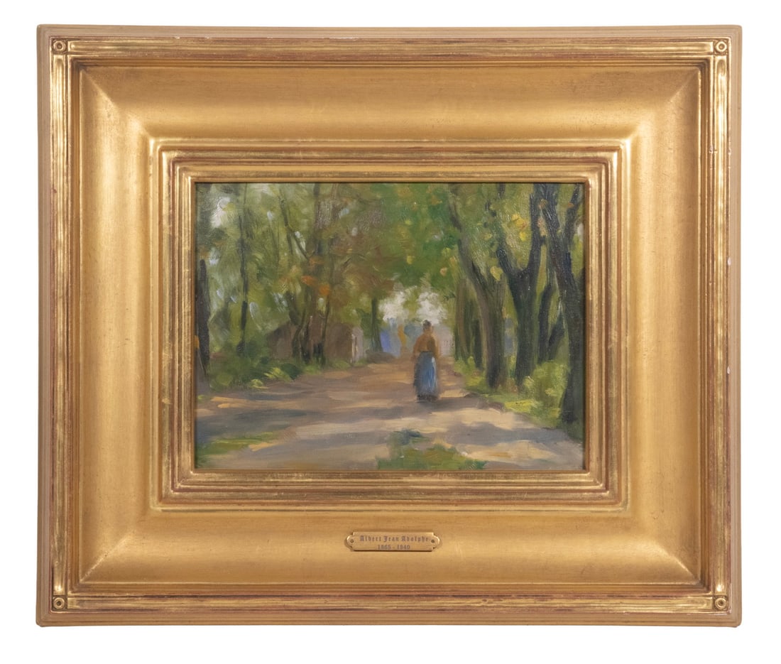 ALBERT JEAN ADOLPHE (PA, 1865-1940): ALBERT JEAN ADOLPHE (PA, 1865-1940) Lone Figure of a Woman on Country Avenue of Trees, oil on board, unsigned. Attributed verso and with tag on gilt cove frame. OS: 12 x 14 1/2 in. (30.5 x 36.8 cm.),