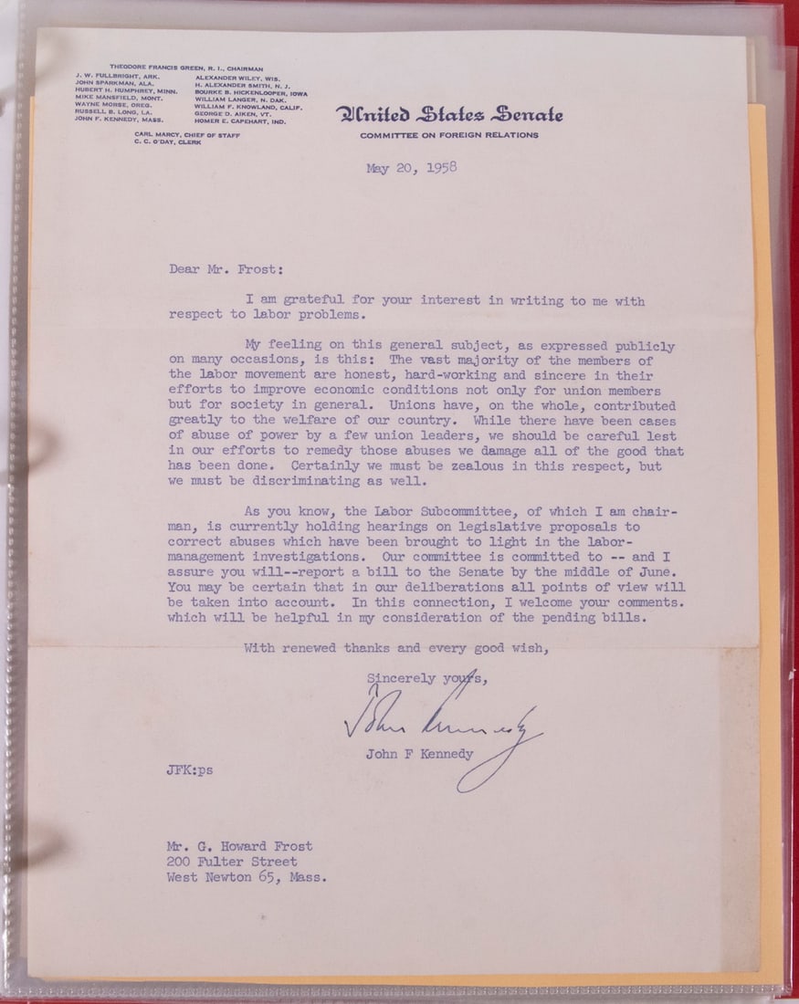 (22) LETTERS FROM US SENATORS, REPRESENTATIVES AND OTHERS, 1939-1946, INCLUDING JFK IN MAY 1958 (1 of 5)