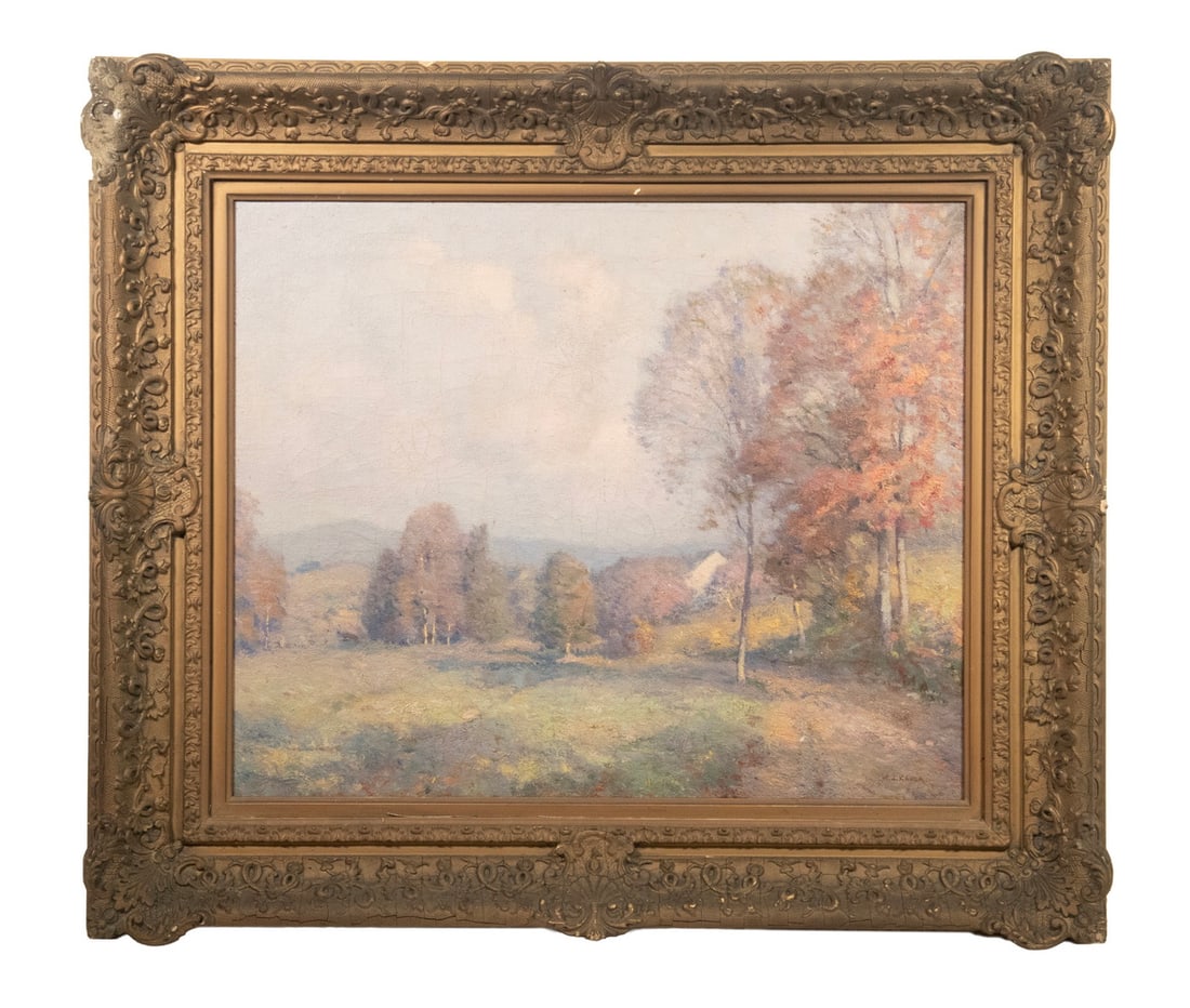 WILLIAM JURIAN KAULA (MA, 1871-1953): WILLIAM JURIAN KAULA (MA, 1871-1953) Early Autumn Berkshire Landscape, oil on canvas, signed lower right, a view down a dirt road to a farm, in hand carved matched corner Impressionist frame. OS: 25 1