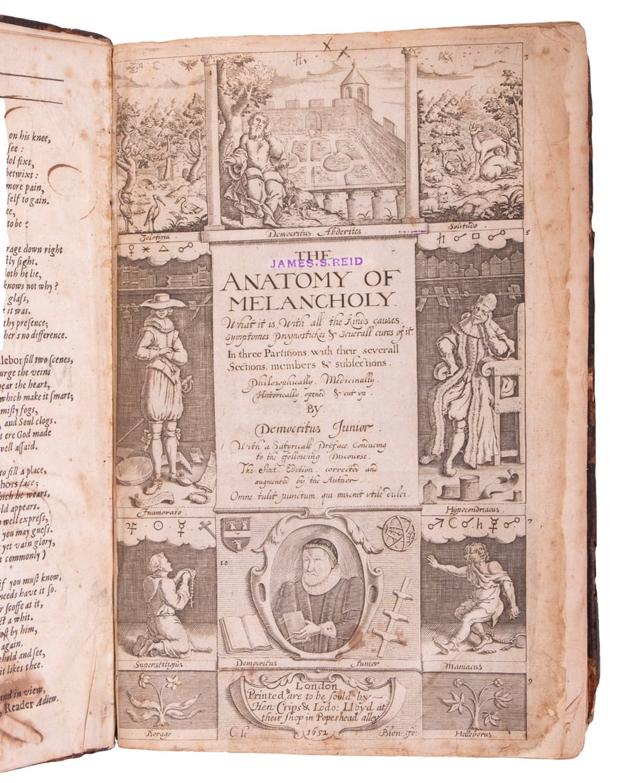 1652 EDITION "ANATOMY OF MELANCHOLY" ROBERT BURTON (1577-1640): 1652 EDITION "ANATOMY OF MELANCHOLY" ROBERT BURTON (1577-1640) "The Anatomy of Melancholy; what it is, with all the kinds, causes, symptomes, prognosticies & several cures of it" by Democritus Junior 
