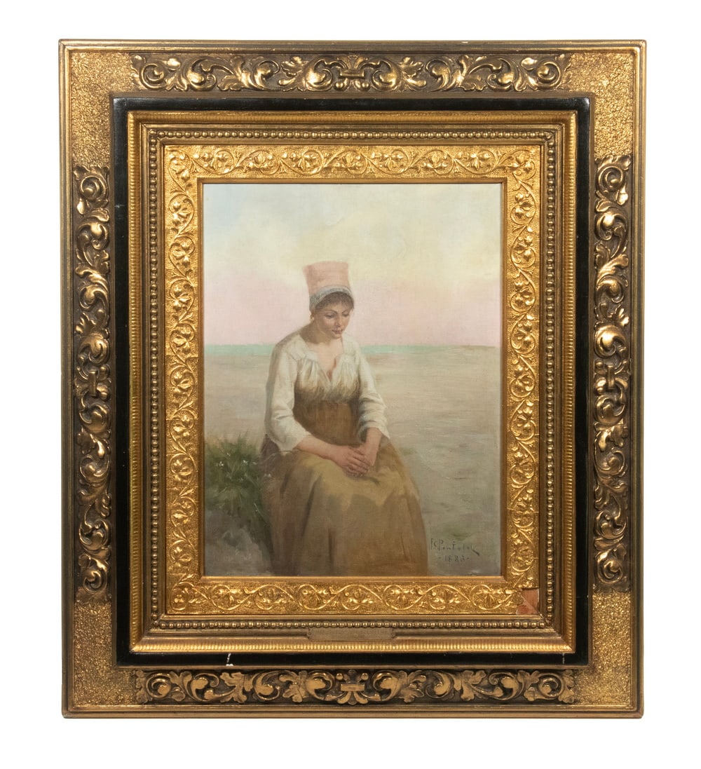 FRANK PENFIELD (NY/FRANCE, 1849-1921): FRANK PENFIELD (NY/FRANCE, 1849-1921) Bretonese Woman Seated on Beach, awaiting her love with downcast eyes and folded hands, oil on canvas, signed lower right and dated 1883. Nametag on ornate aesthe