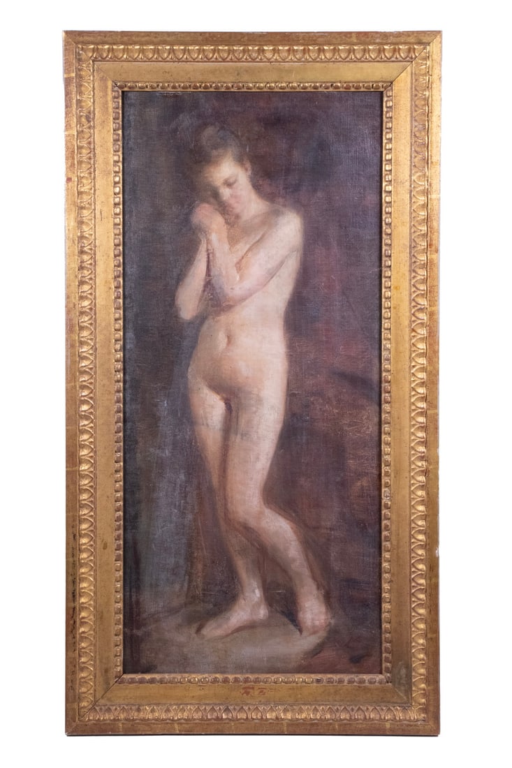 FREDERICK TRAPP FRIIS (MA/NY/FRANCE/ITALY, 1865-1909): FREDERICK TRAPP FRIIS (MA/NY/FRANCE/ITALY, 1865-1909) "Study of a Standing Female Nude", standing coyly with her breasts concealed by her arms, eyes downcast, oil on board, in typical late 18th c. Bos