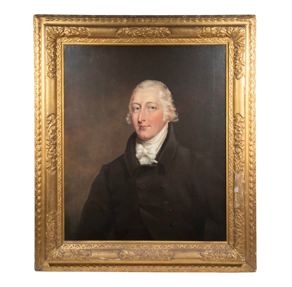 PORTRAIT OF A WEALTHY FEDERAL PERIOD AMERICAN GENT: PORTRAIT OF A WEALTHY FEDERAL PERIOD AMERICAN GENT Elderly Man with white hair, piercing blue eyes, knotted white stock and stand collar coat, oil on canvas, unsigned. In the original carved matched