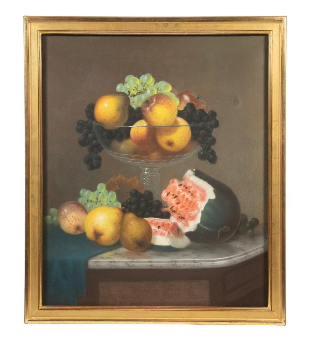 EARLY 19TH C. PASTEL FRUIT STILL LIFE: EARLY 19TH C. PASTEL FRUIT STILL LIFE Marble Top Stand with glass compote of fruit, featuring a broken watermelon, pastel on paper, initialed "S.S.E." lower right, in replica lemon gold frame, under