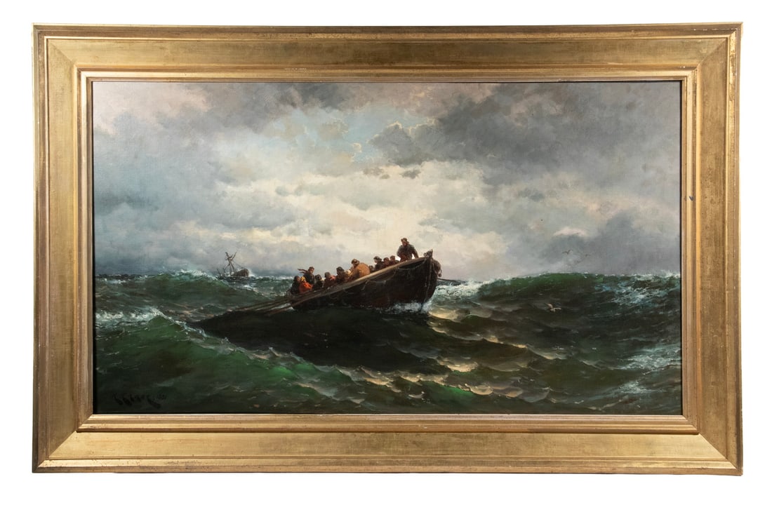 HARRY (HENRY) CHASE (MA/NY/VT/HOLLAND, 1853-1899): HARRY (HENRY) CHASE (MA/NY/VT/HOLLAND, 1853-1899) The Salvaged Crew, oil on canvas, signed lower left, in a gilt molded panel frame. Small repaired puncture in sky. OS: 32 x 50 x 2 in. (81.3 x 127 x