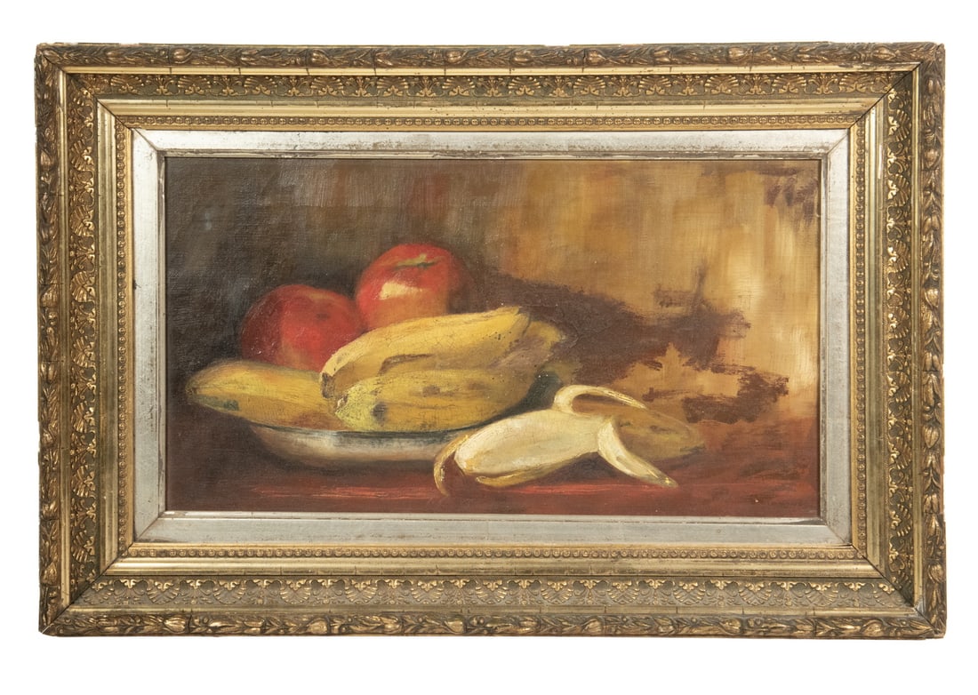 EDWARD EMERSON SIMMONS (MA/NY, 1852-1931): EDWARD EMERSON SIMMONS (MA/NY, 1852-1931) Still Life with Bananas and Apples, oil on canvas, signed lower right, 1950s California collectors Harold & Eileen Zuckerman's names written on large patch