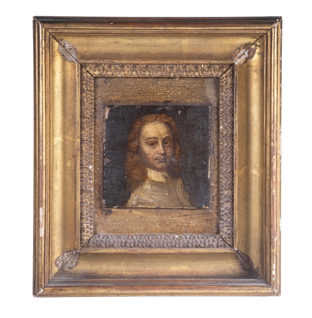 18TH C. MINIATURE PORTRAIT OF OLIVER CROMWELL: 18TH C. MINIATURE PORTRAIT OF OLIVER CROMWELL The Infamous Protector of the Commonwealth during the English Civil War, oil on panel, unsigned, depicting the apocryphal full head of red hair, rendered 