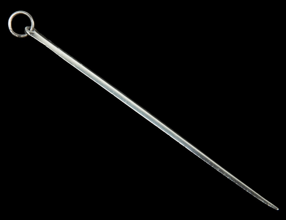 GEORGE III PERIOD STERLING SILVER SKEWER: GEORGE III PERIOD STERLING SILVER SKEWER Small English Silver Meat Skewer or Letter Opener, with drop ring end, hallmarked for London with 1808 date letter, no maker's mark. 0.52 ozt. Length: 7 1/4 in