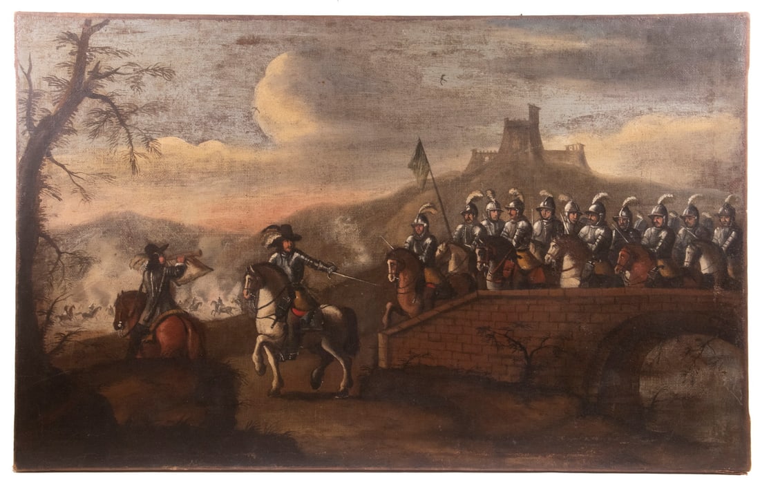 17TH C. ENGLISH CIVIL WAR HISTORY PAINTING: 17TH C. ENGLISH CIVIL WAR HISTORY PAINTING The Battle of Powick Bridge, (Where England's Sorrows Began), the site of the first battle of the English Civil War, 23 Sept, 1642. Oil on coarse linen,