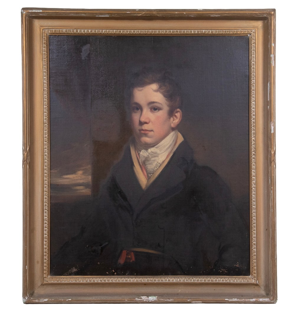 PORTRAIT OF YOUNG GENTLEMAN, ATTRIBUTED TO THE CIRCLE OF JOHN GORDON WATSON PRSA (1788-1864): PORTRAIT OF YOUNG GENTLEMAN, ATTRIBUTED TO THE CIRCLE OF JOHN GORDON WATSON PRSA (1788-1864) Young Gentleman holding a Military Hat near open window, oil on canvas. Minor flaking at base edge of