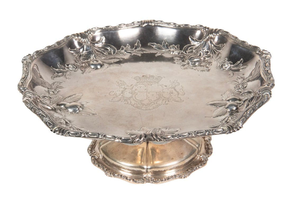 GEORGE II PERIOD STERLING SILVER TAZZA BY WILLIAM CRIPPS: GEORGE II PERIOD STERLING SILVER TAZZA BY WILLIAM CRIPPS English Sterling Silver 2-Part Footed Bowl, by London silversmith William Cripps, 1757 date mark, having a scalloped rim, with repousse fruit