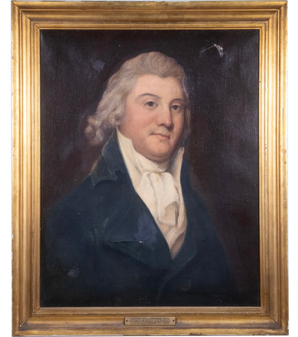 CIRCA 1810 PORTRAIT OF IDENTIFIED GREY HAIRED BRITISH GENT: CIRCA 1810 PORTRAIT OF IDENTIFIED GREY HAIRED BRITISH GENT As identified on frame tag: "James Plumridge, Esq. Father of Susanna, who married John Dyneley Prince, 1st, 1809", oil on canvas, unsigned,