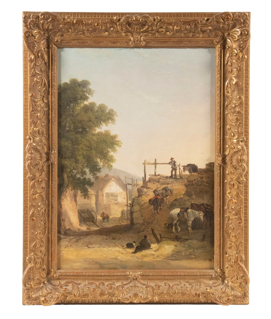 WILLIAM SHAYER, SR. (UK, 1787/8-1879): WILLIAM SHAYER, SR. (UK, 1787/8-1879) A Step Turn in the Approach to the Village, oil on canvas, unsigned, artist identified verso, in replica matched corner gilt gesso frame. Cleaned and relined.