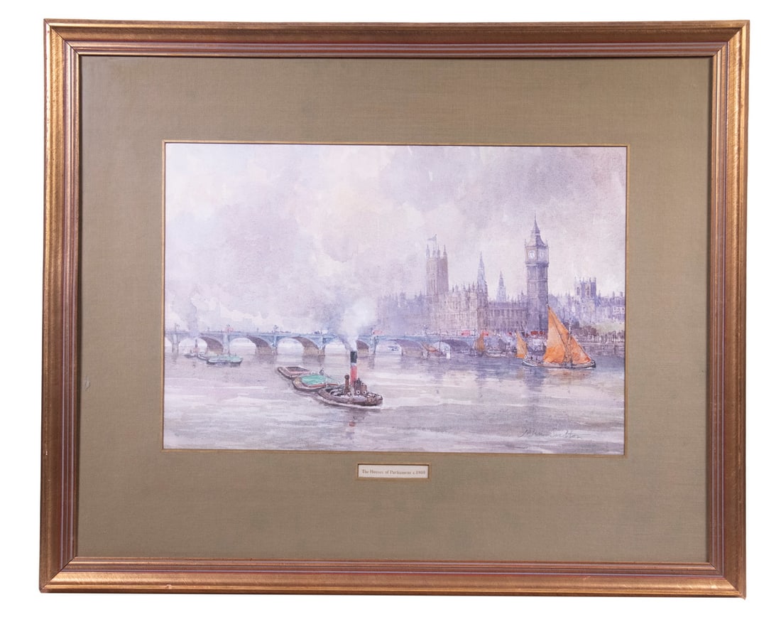 JOHN SUTTON (UK, 1935 - ): JOHN SUTTON (UK, 1935 - ) "The House of Parliament, c. 1900," watercolor on paper, signed lower right, titled on label in secondary mat window. In gilt cove frame, under glass. OS: 25 x 31 in. (63.5