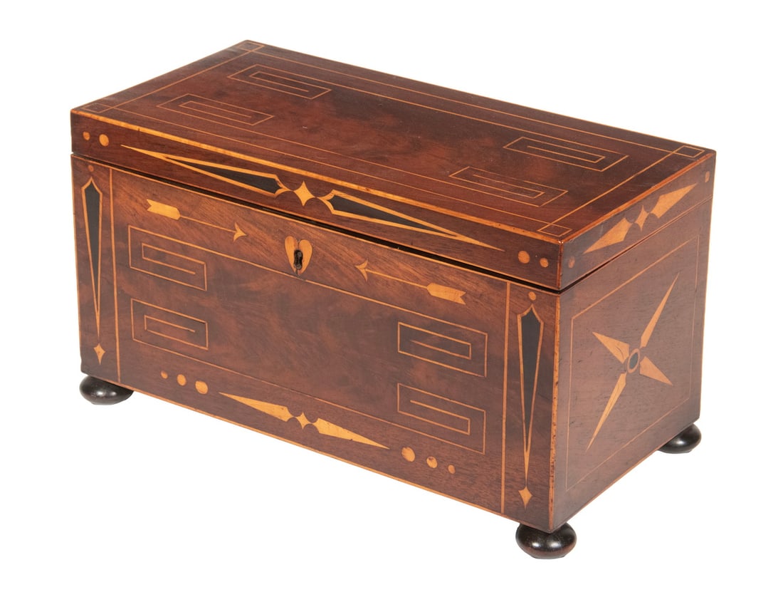 INLAID MAHOGANY TEA CADDY WITH MIXING BOWL: INLAID MAHOGANY TEA CADDY WITH MIXING BOWL English 19th c. Marquetry and Parquetry Inlaid Tea Caddy, in beautifully figured mahogany with intricate stringing and inlaid arrows, circles, and star