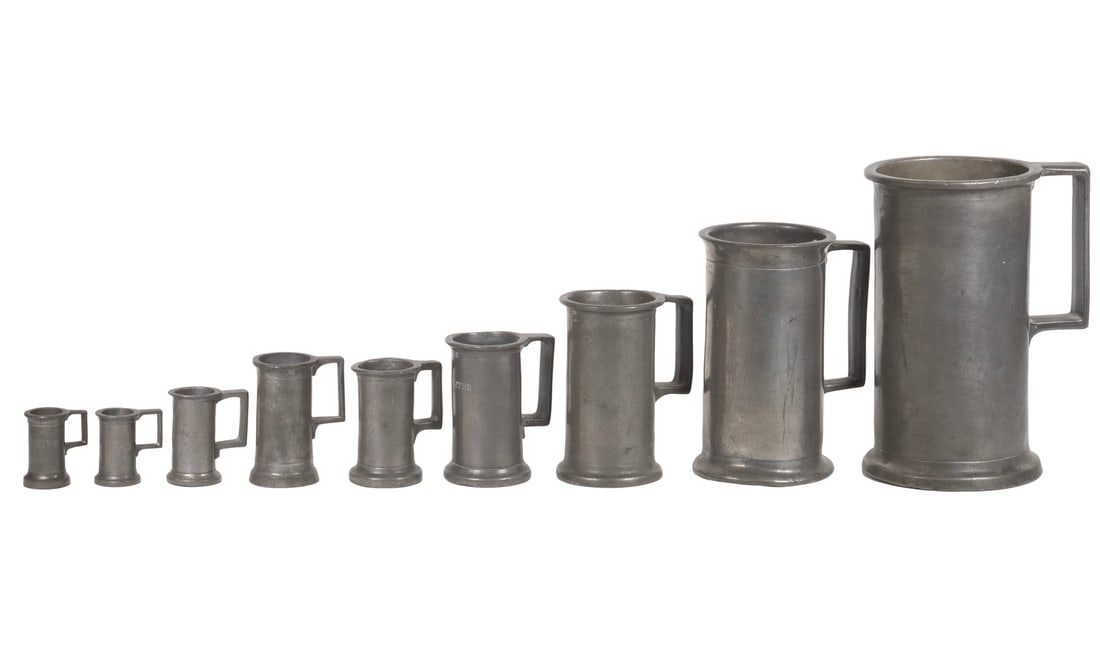 (9) 19TH C. PEWTER MEASURES: (9) 19TH C. PEWTER MEASURES Group of (9) Early Continental Liquid Measures, all cylindrical form with side handle, each with a variety of stamped letters to the rims, sizes range from centilitre to