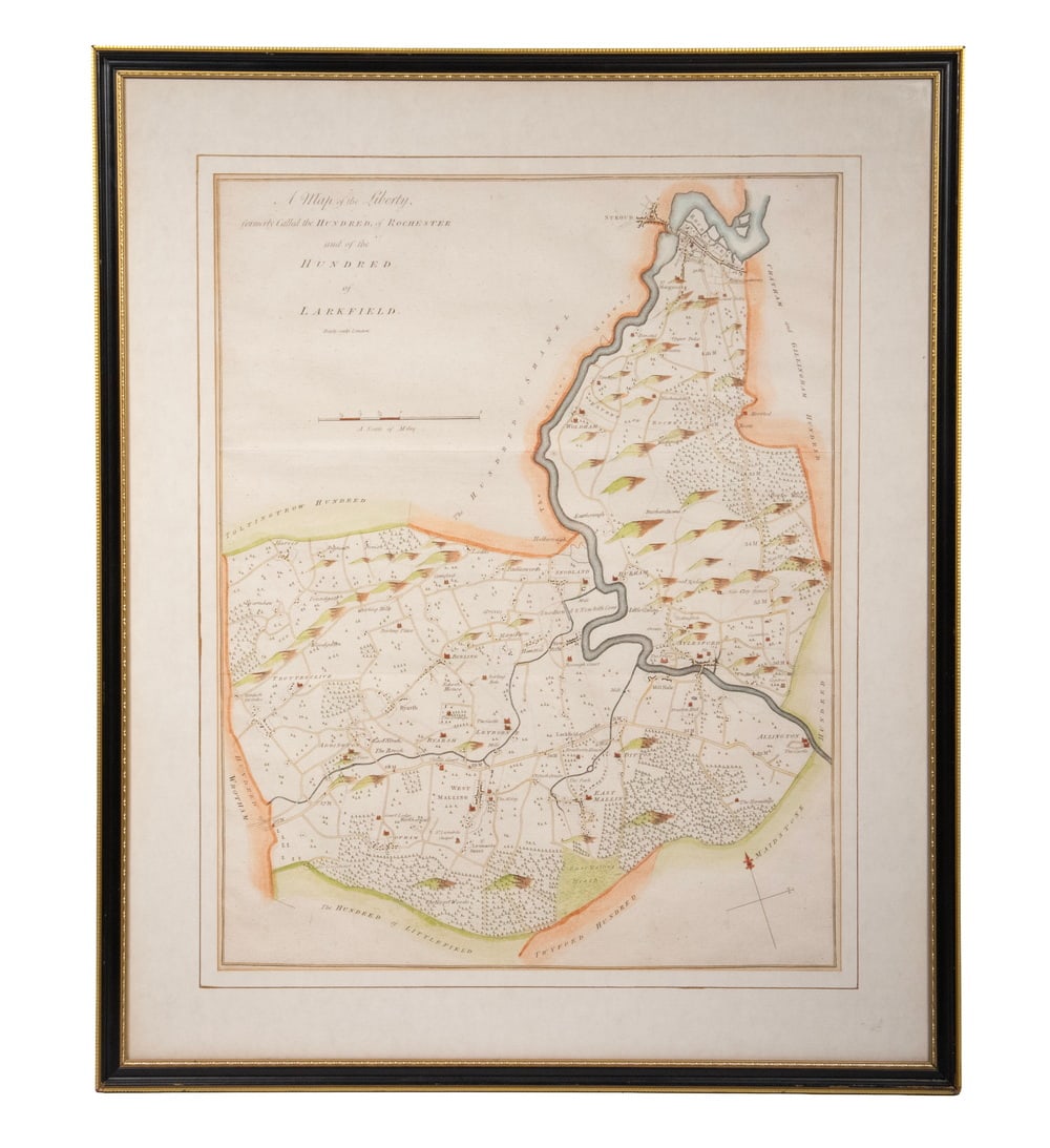 RARE 18TH C. MAP OF KENT, UK ESTATE: RARE 18TH C. MAP OF KENT, UK ESTATE "A Map of the Liberty formerly called The Hundred of Rochester and of the Hundred of Larkfield," by Edward Hasted, printed for Edward Hasted by Simmons and Kirkby, 