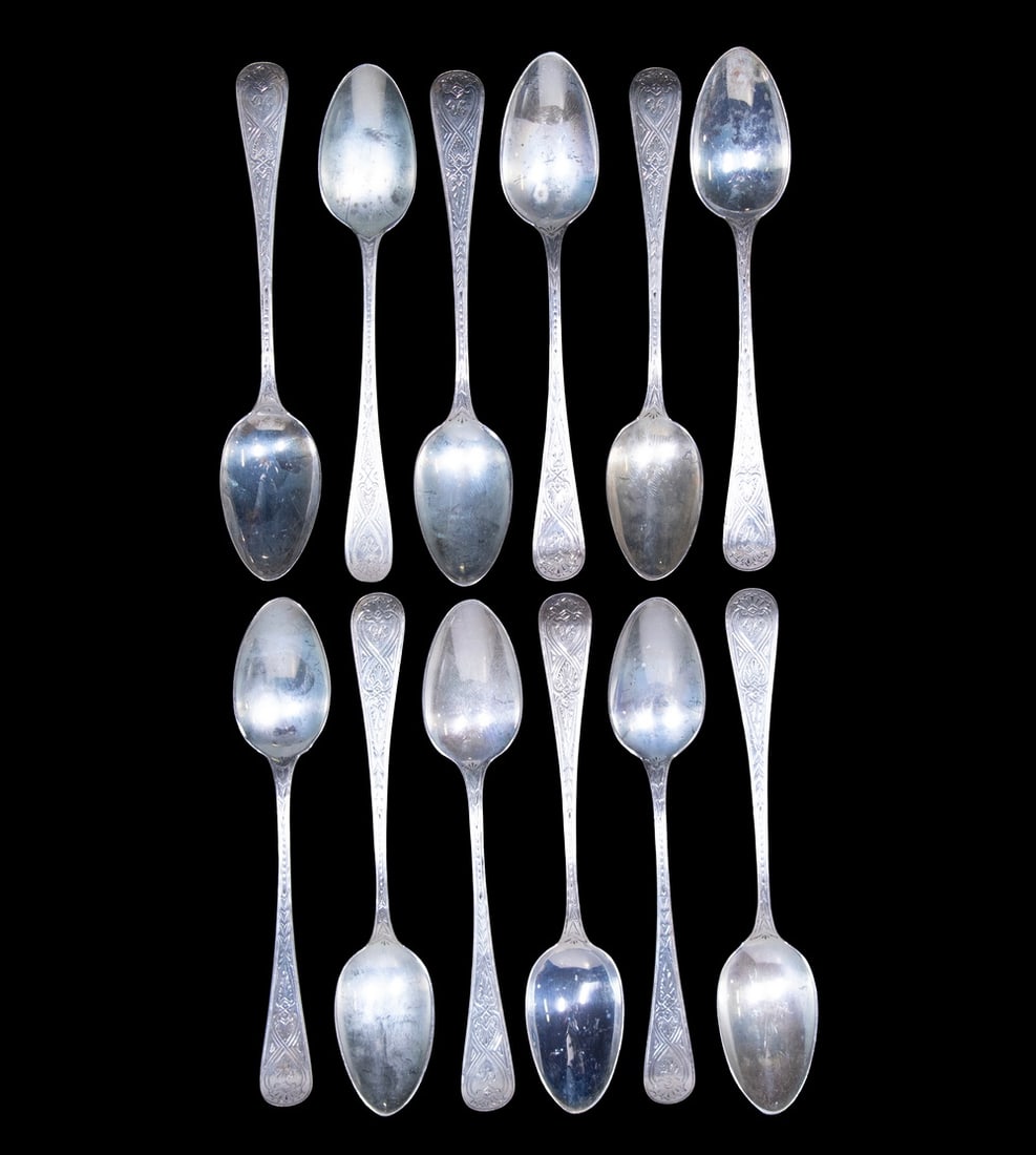 (12) 19TH C. BRITISH STERLING SILVER TEASPOONS: (12) 19TH C. BRITISH STERLING SILVER TEASPOONS Set of (12) Matching Pattern Spoons, all with U monogram, with fancy engraved handle, by two different makers - (11) by William Marshall, Edinburgh,