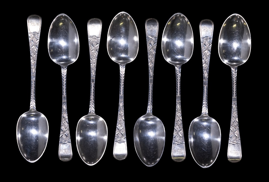 (8) 19TH C. ENGLISH STERLING SILVER TEASPOONS: (8) 19TH C. ENGLISH STERLING SILVER TEASPOONS Set of (8) Victorian Era Spoons, by Charles Boyton II, London, 1852, with bright cut engraved decoration and engraved TAM monogram. 3.95 ozt tw. Each,