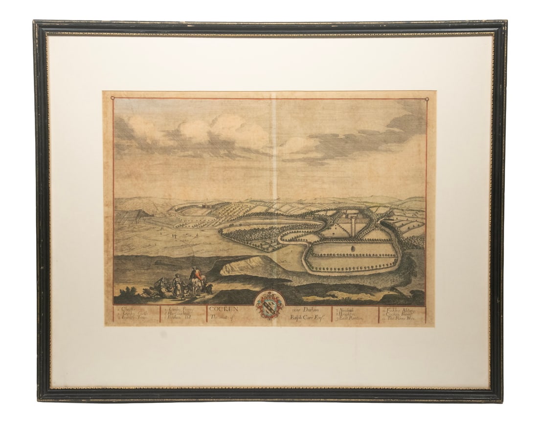 EARLY 18TH C. BRITISH BIRDSEYE ESTATE PRINT: EARLY 18TH C. BRITISH BIRDSEYE ESTATE PRINT "Cocken near Durham, The Seat of Robert Carr, Esq.", hand colored copper engraving, in black frame, matted under glass. Two joined sheets, as issued. Listed