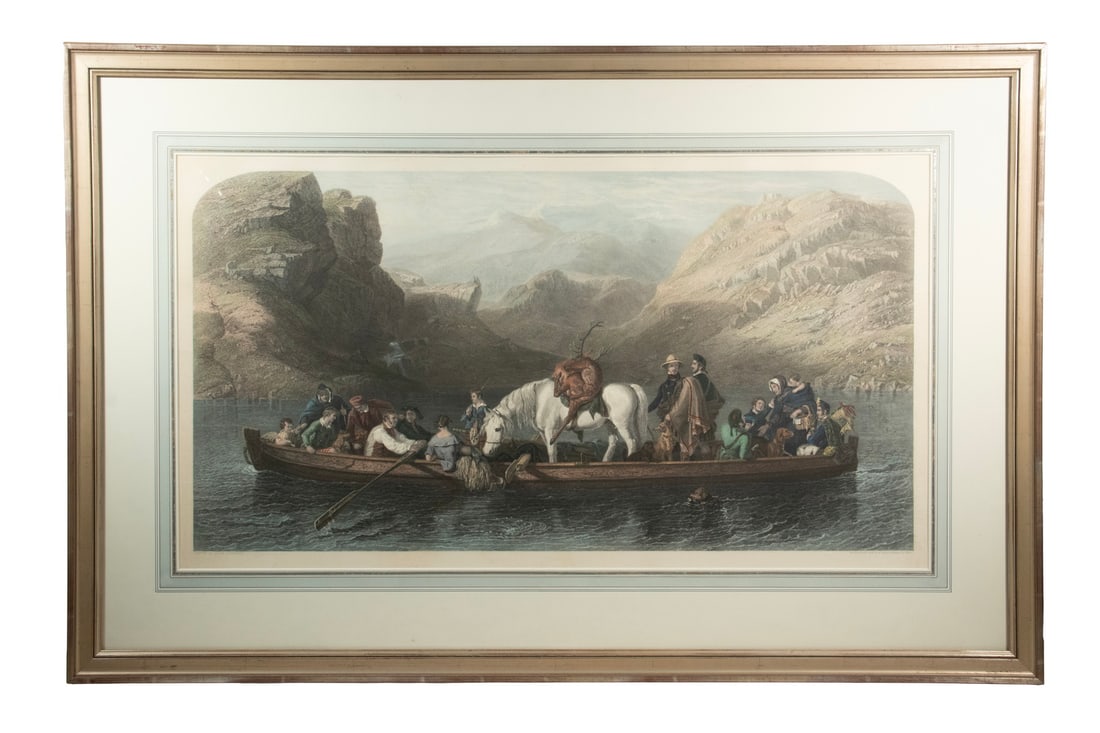 MONUMENTAL SCOTTISH ENGRAVING AFTER JACOB THOMPSON: MONUMENTAL SCOTTISH ENGRAVING AFTER JACOB THOMPSON "Ferry-boat in the Highlands, with a Hunting Party", by James Tibbits Willmore, (UK, 1800 - 1863), after painting by Jacob Thompson, (UK, 1806-1879) 
