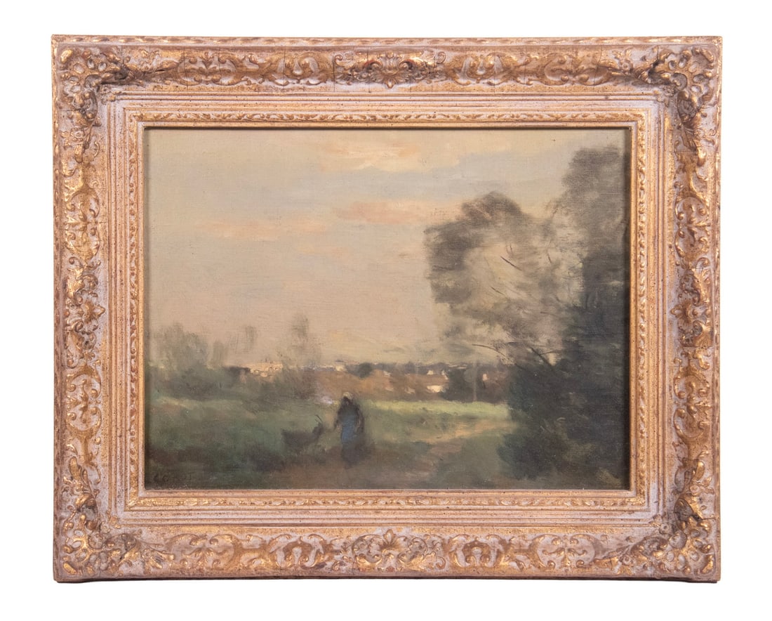 JEAN-BAPTISTE-CAMILLE COROT (FRANCE, 1796-1875): JEAN-BAPTISTE-CAMILLE COROT (FRANCE, 1796-1875) Fontainebleau Forest Landscape with Shepherdess and Goat, oil on canvas, signed lower left corner, on original stretcher. Early note attached to back wi