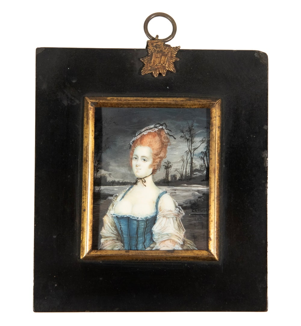 18TH C. FRENCH MINIATURE ON IVORY SIGNED "CATULLE": Y 18TH C. FRENCH MINIATURE ON IVORY SIGNED "CATULLE" Unusual Miniature of a Red-haired Woman, oil on ivory, signed lower right, depicted with 1780's high coiffure and low decolletage, dark blue bodice