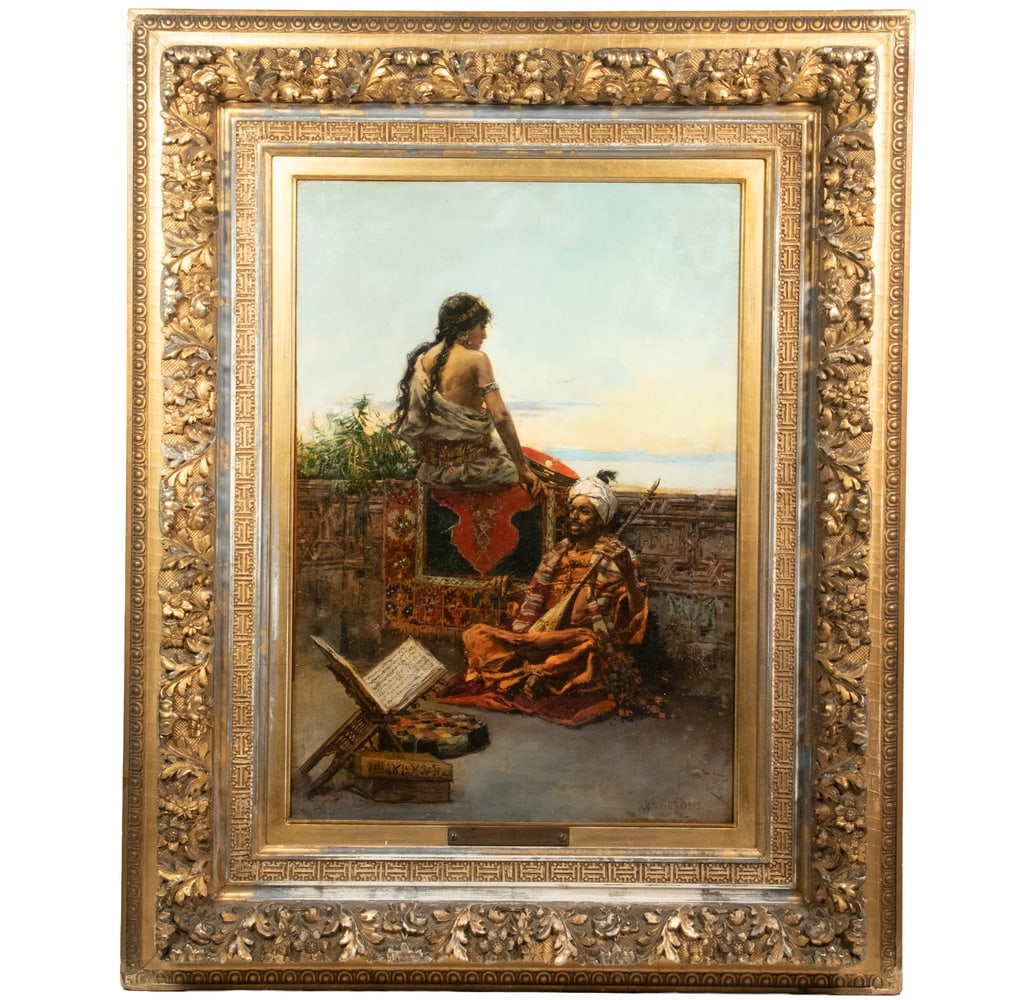 JEAN-LEON GEROME (FRANCE, 1824-1904): JEAN-LEON GEROME (FRANCE, 1824-1904) "Serenade", an Orientalist Academic rendering of an Arabic man seated against a parapet, his love seated on edge looking out over water, he is playing a baglama wh