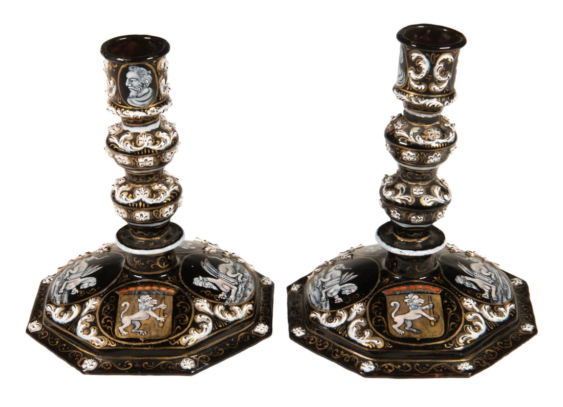 PR 19TH C. LIMOGES POLYCHROME ENAMEL ON METAL CANDLESTICKS (1 of 2)