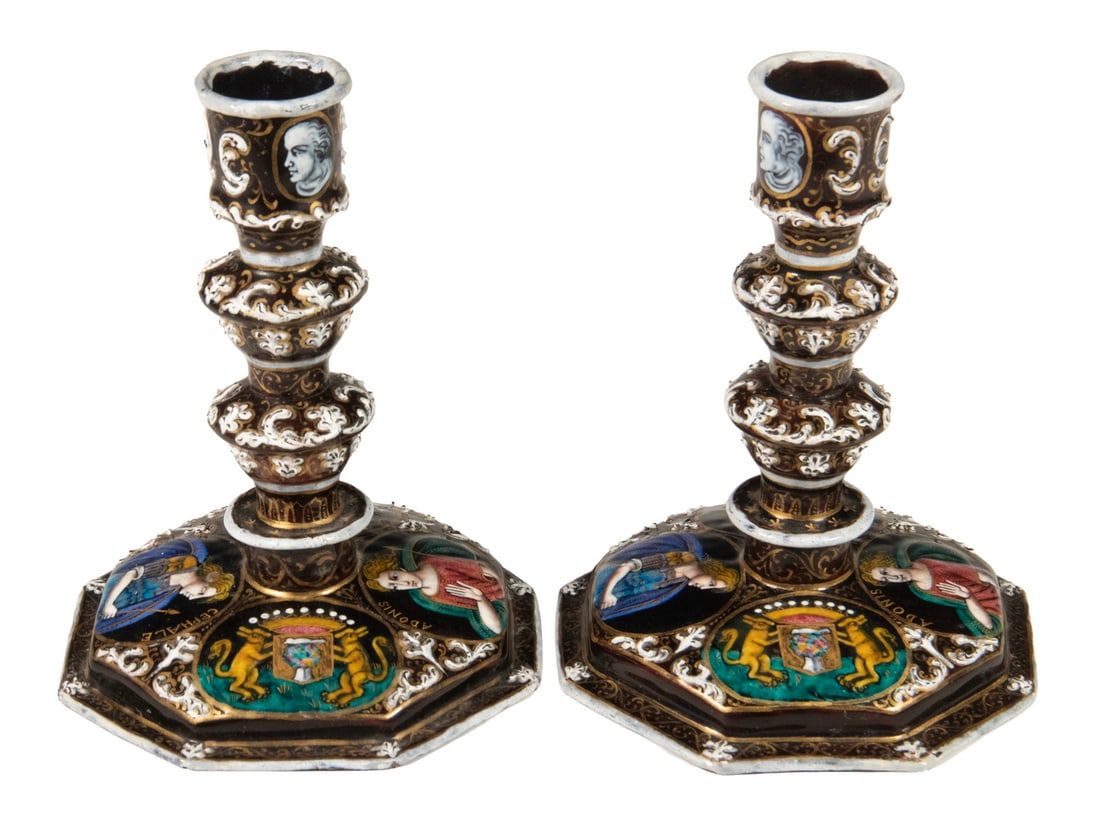 PR 19TH C. LIMOGES POLYCHROME ENAMEL ON METAL CANDLESTICKS (1 of 2)