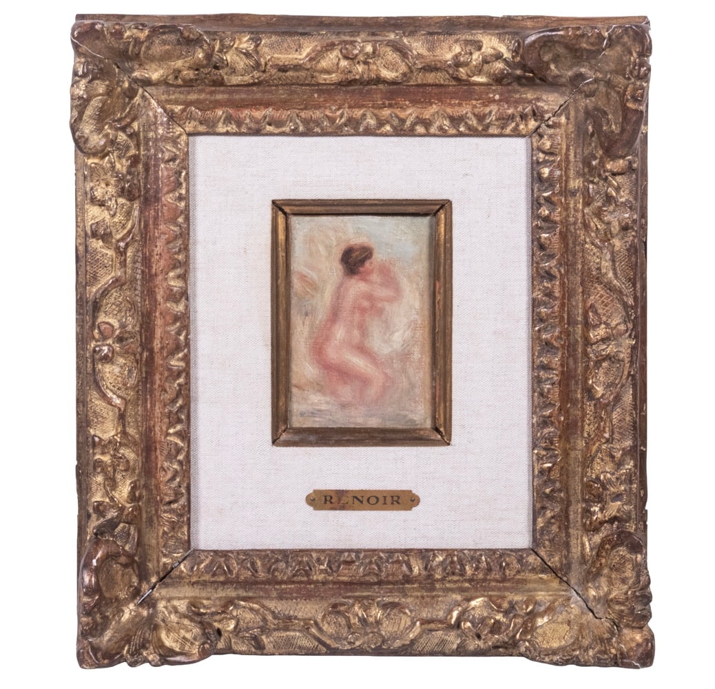PIERRE-AUGUSTE RENOIR (FRANCE, 1841-1914): PIERRE-AUGUSTE RENOIR (FRANCE, 1841-1914) Small Study of Nude Bathing, oil on linen, unsigned, in period gilt Impressionist frame with linen liner. brass tag. Relined. OS: 13 1/2 x 12 in. (34.3 x 30.5