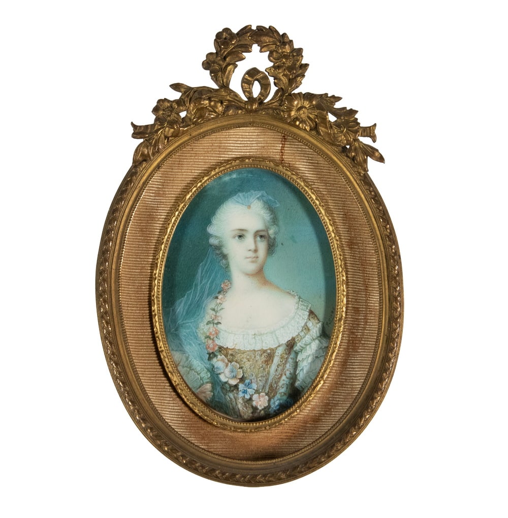 GRAND TOUR MINIATURE FRENCH PORTRAIT AFTER NATTIER: GRAND TOUR MINIATURE FRENCH PORTRAIT AFTER NATTIER Copy of Jean Marc Nattier (1685-1766) Portrait of Madame Sophie, oval watercolor on ivory, in cast brass frame. The 1748 painting Madame Sophie de Fr
