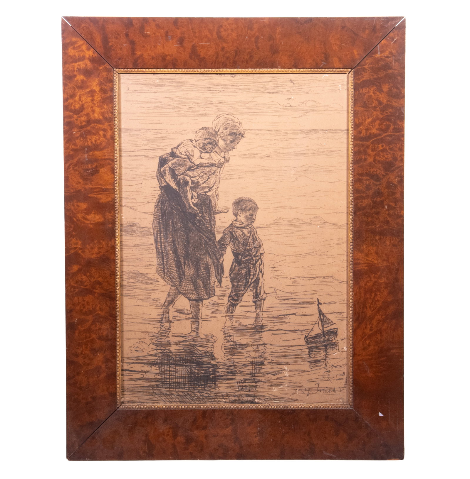 JOZEF ISRAELS (NETH, 1824-1911): JOZEF ISRAELS (NETH, 1824-1911) "Mother and Children", on the shore, the boy with toy boat, etching on paper laid to board, signed in print lower right, in figured mahogany mitered frame, lacking glas