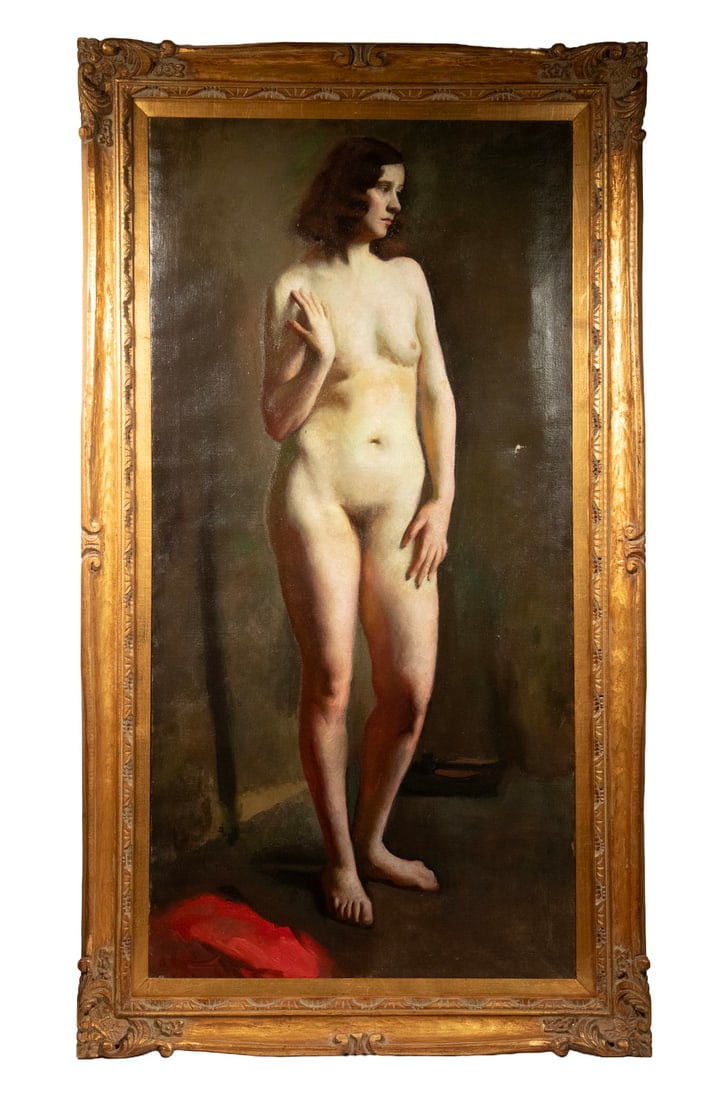 CORNELIA LORING BROOKS (FRANCE, ITALY, 1874-1970): CORNELIA LORING BROOKS (FRANCE, ITALY, 1874-1970) Full Length Nude Portrait of a Young Woman Standing. Oil on canvas, signed verso and dated Nov 24, 1930; marked "Harrell" on stretcher, with 1990 rece
