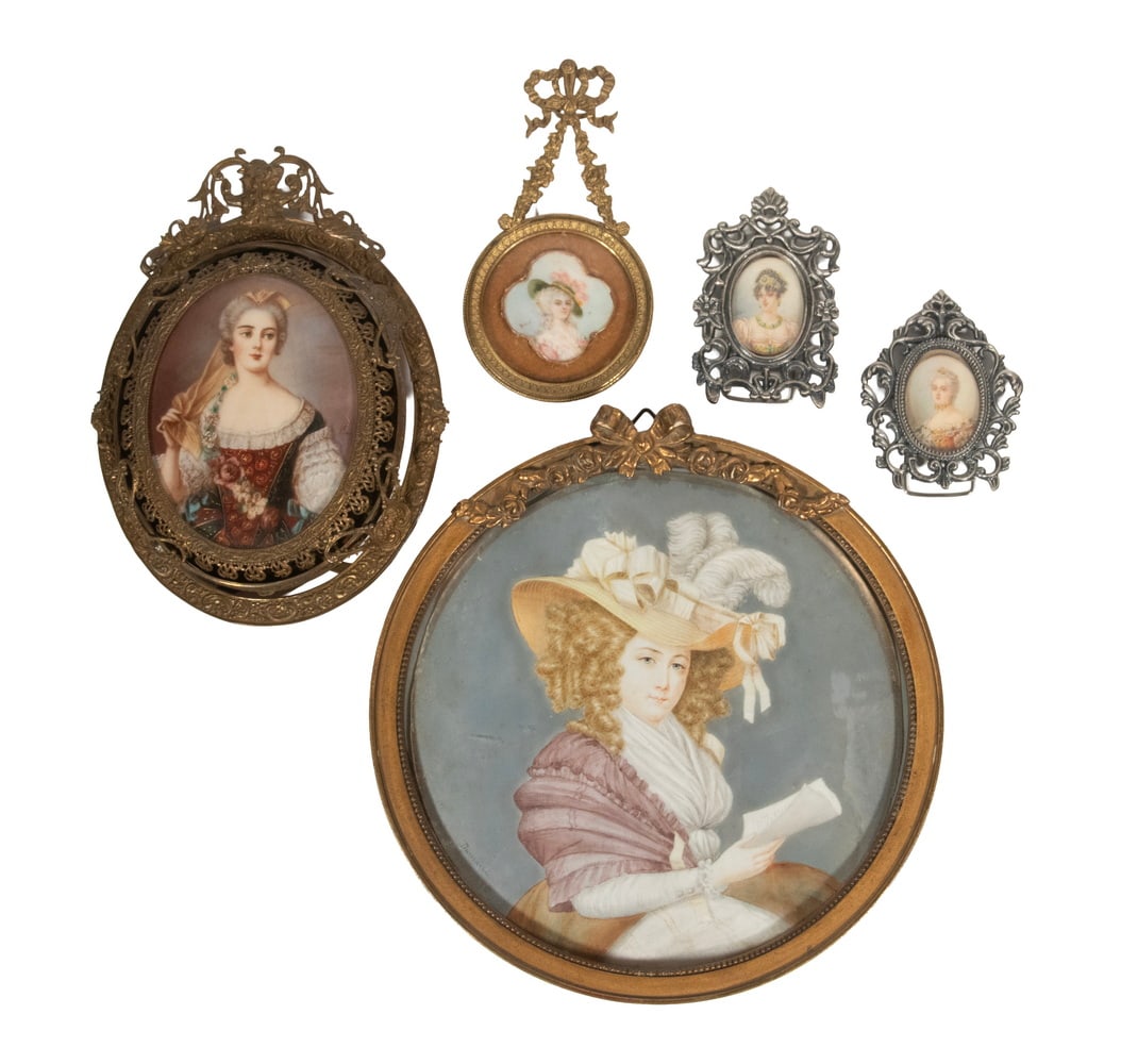(5) MINIATURE PORTRAITS, FRENCH AND ENGLISH: (5) MINIATURE PORTRAITS, FRENCH AND ENGLISH Including: Actress Maud Mills after Gainsborough, signed Dumont, brass frame, 6 1/2" diam; PLUS Madame de Montespan, chief mistress of King Louis XIV of