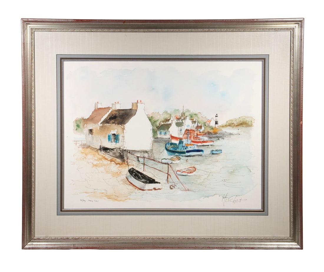 URBAIN EMMANUEL HUCHET (FRANCE, 1930 - 2014): URBAIN EMMANUEL HUCHET (FRANCE, 1930 - 2014) Small Harbor in Brittany, France, watercolor on paper, signed lower right, in silver molded frame, linen mat with silver lip, under UV glass. OS: 32 x 39