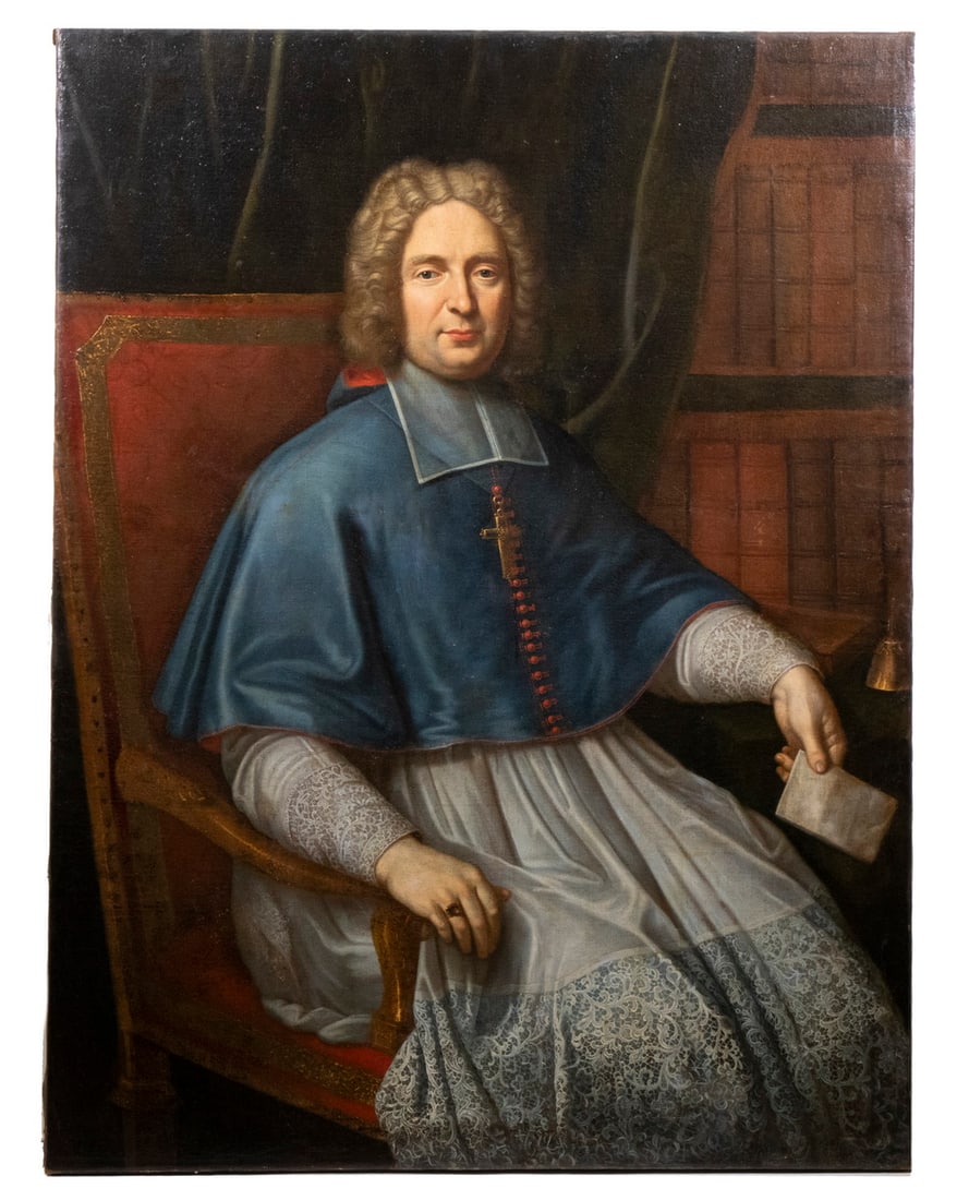 LIFE-SIZED PORTRAIT OF 18TH C. FRENCH BISHOP: LIFE-SIZED PORTRAIT OF 18TH C. FRENCH BISHOP Oil on canvas. Important Seated Officer of the Church, a letter in his left hand, he is dressed in the finest Belgian lace alb, with a cerulean blue chasub